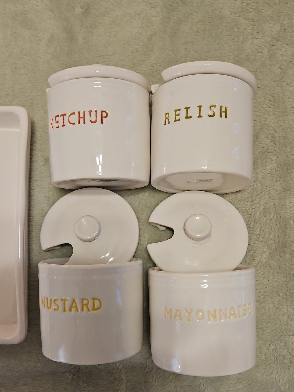 White Ceramic Condiment Jars Set - Ketchup Relish Mustard Mayonnaise